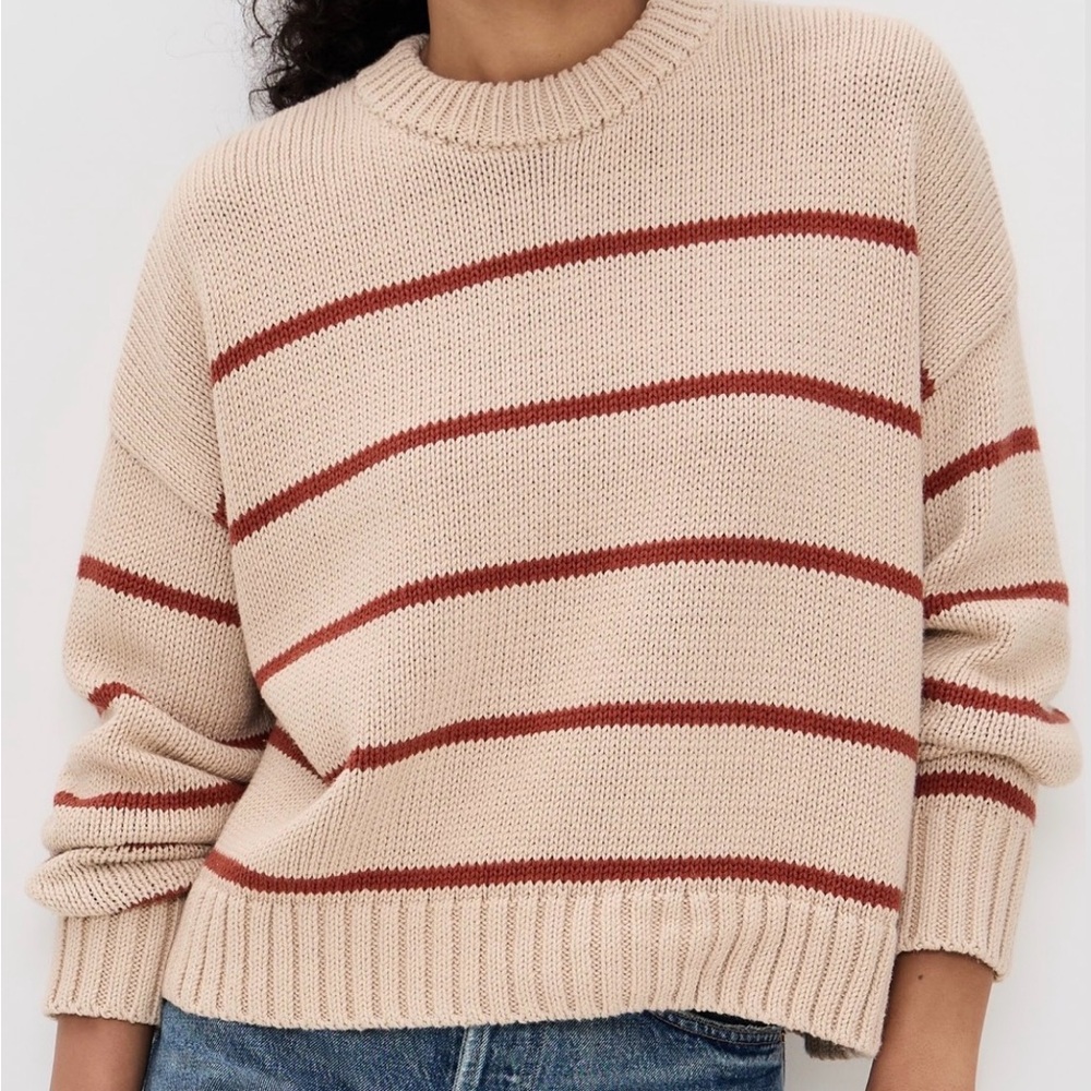 Jenni Kayne Chloe Striped Cotton Crewneck Sweater in Beige/Rust, Size M